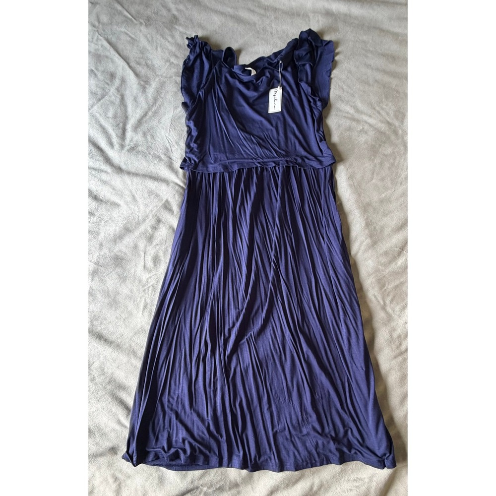Mesibuca Maternity Nursing Dress Navy Blue Flutter Sleeve Midi L NWT